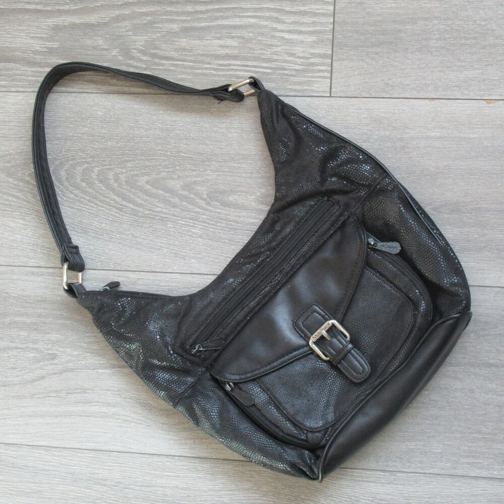 Multisac Handbag Women Small Black Faux Leather Shimmer Lined Purse Shoulder Bag